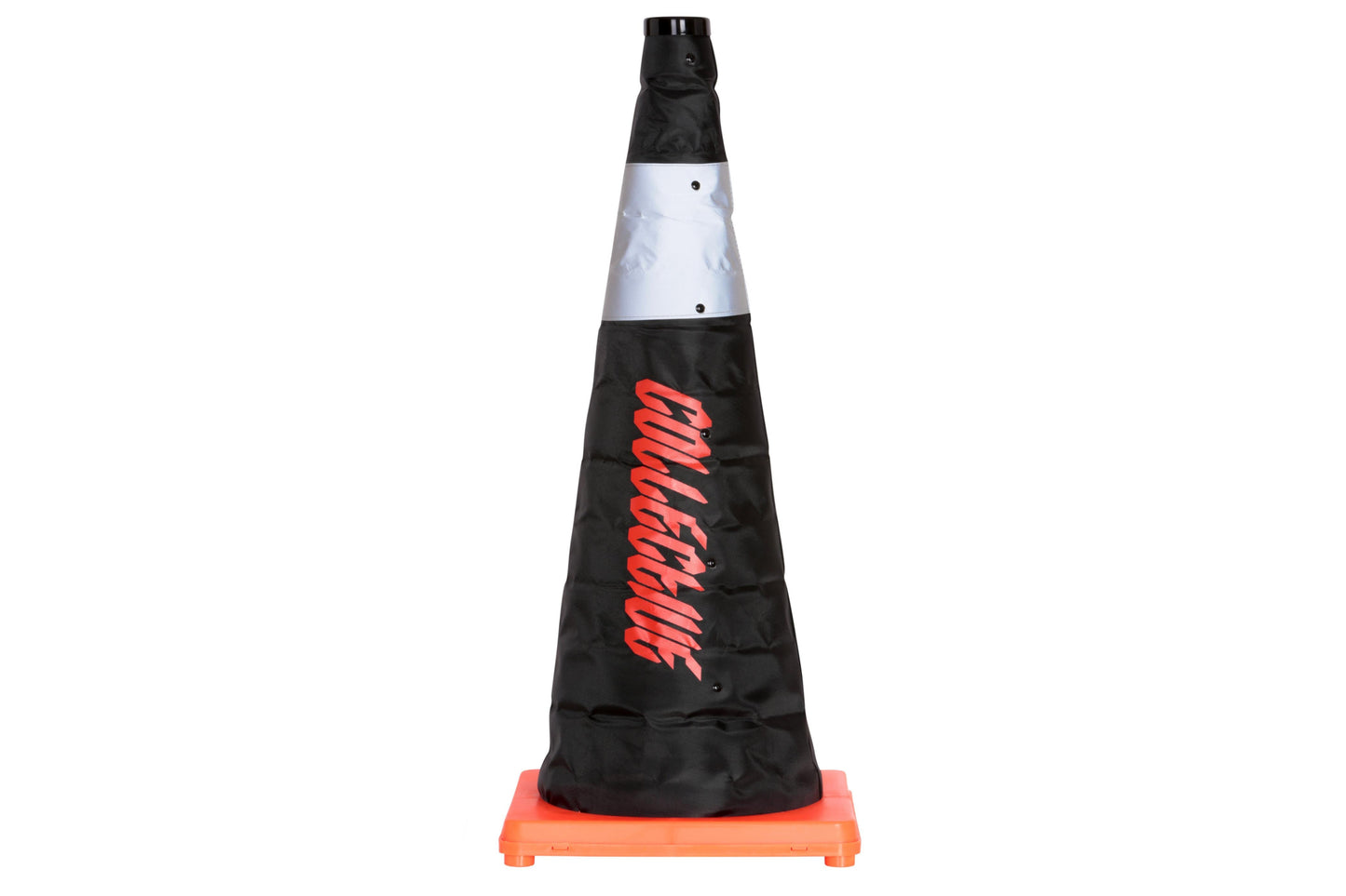 Black traffic cone with reflective white top and red text on a white background