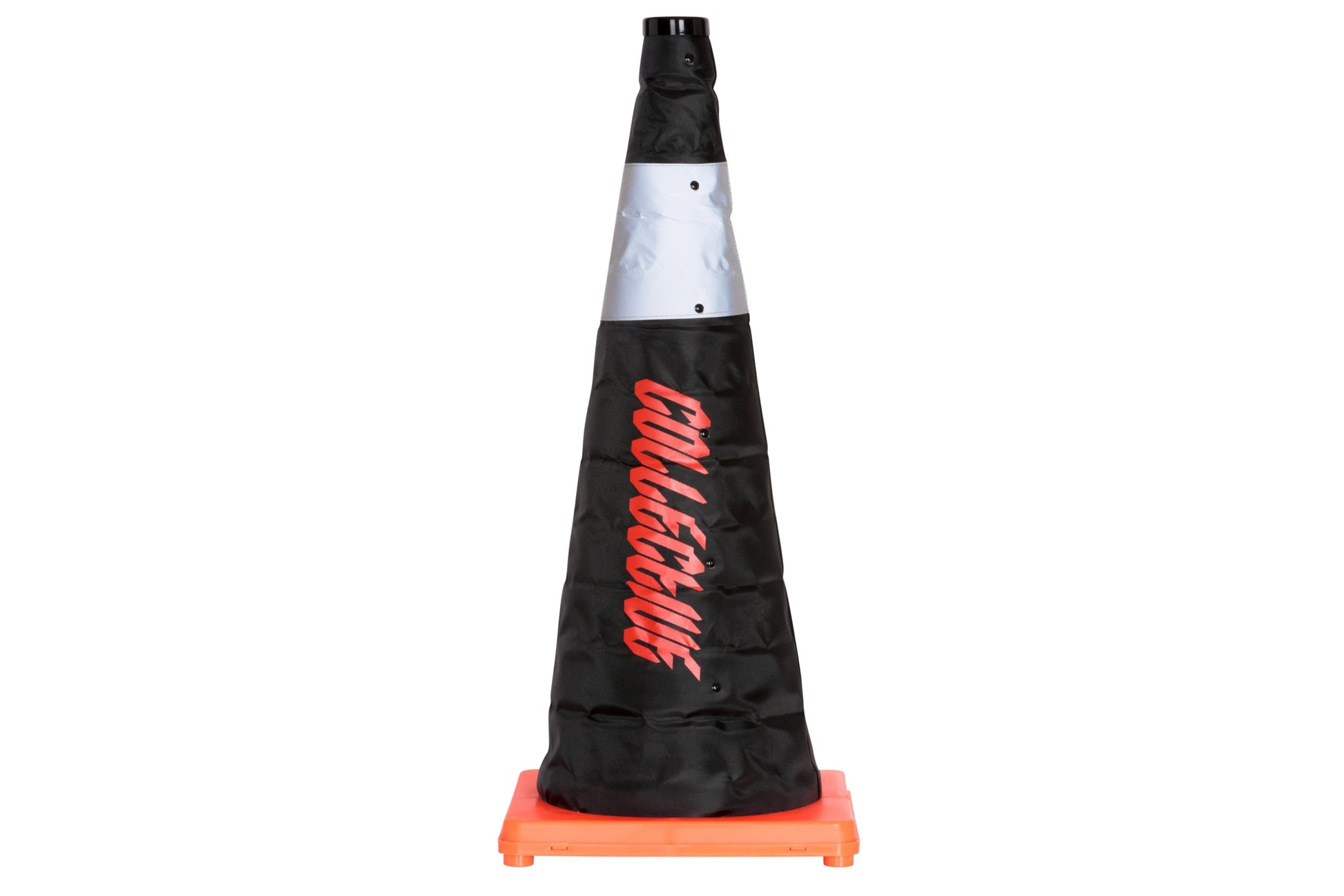 Black traffic cone with reflective white top and red text on a white background